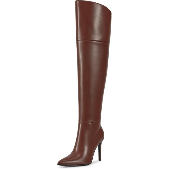 Women Brown Faux Leather Ponited Toe Zipper up Thigh High Stiletto Heel Boot - Picture 2 of 7